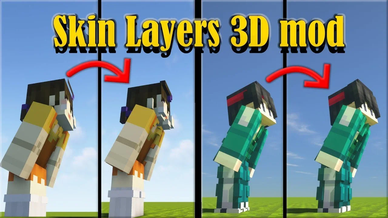 Split comparison of characters with flat and 3D skin layers under a Skin Layers 3D mod title