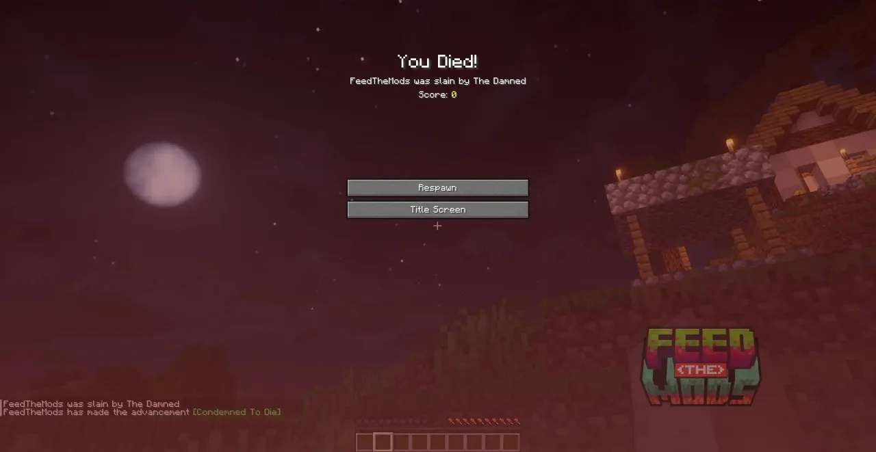 the player death screen after the mob attack