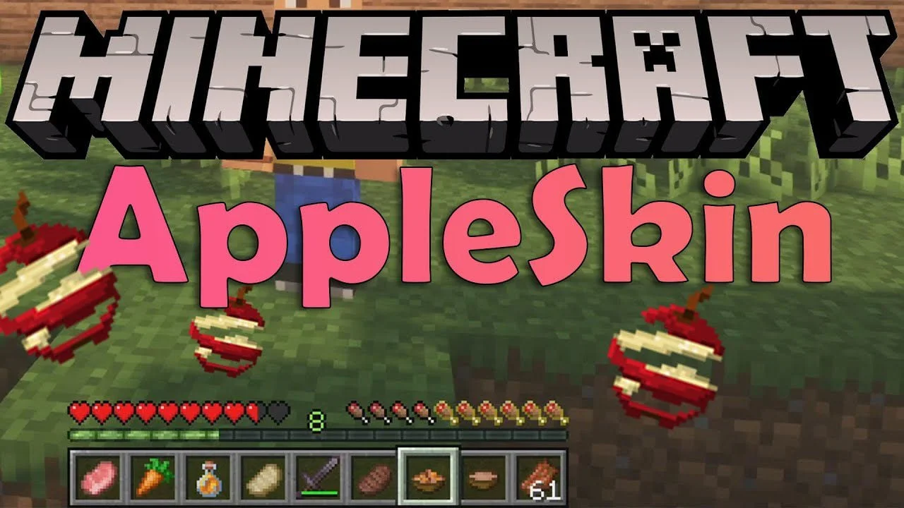 Thumbnail with large Minecraft/AppleSkin title text over gameplay showing the mod's hunger bar overlays and a food value readout on the HUD.