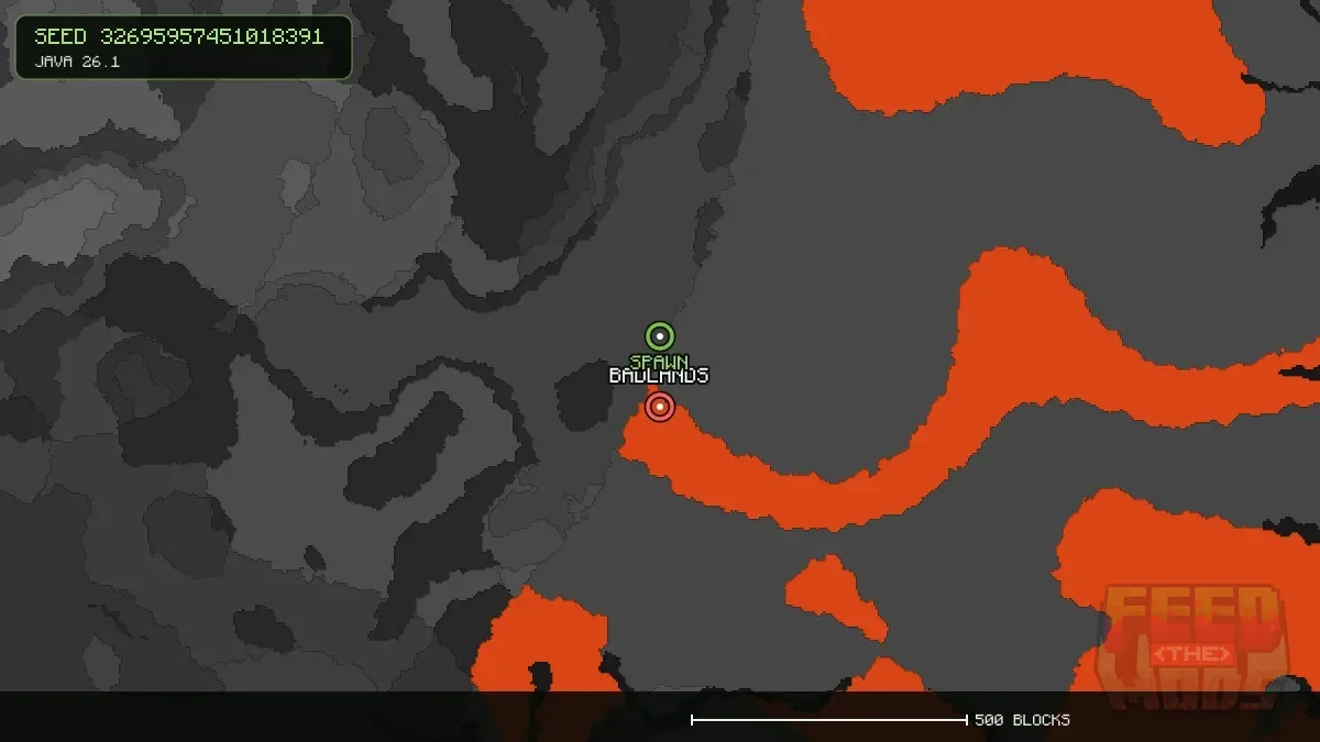 Badlands highlighted, 128 blocks from spawn