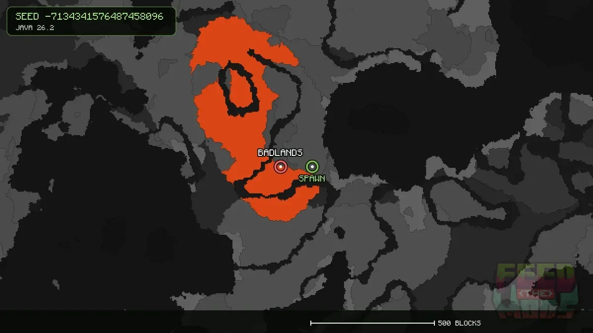 Badlands highlighted, 128 blocks from spawn