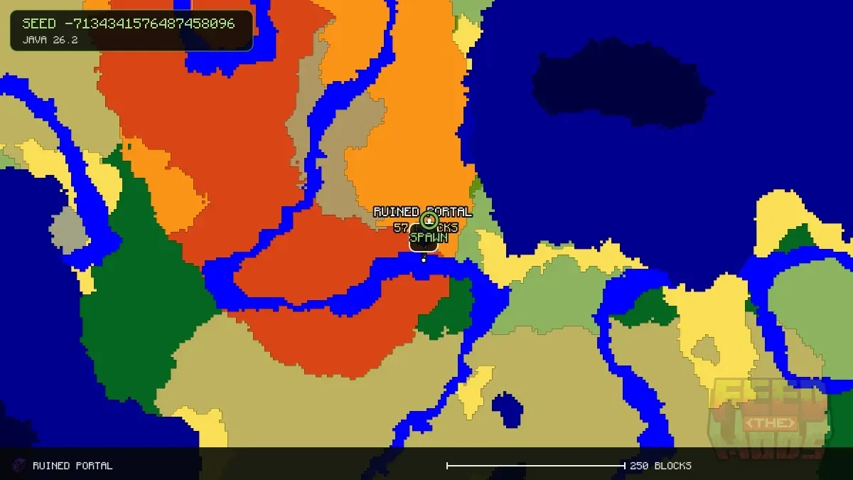 Route from spawn to the ruined portal at 16, 16 (57 blocks)