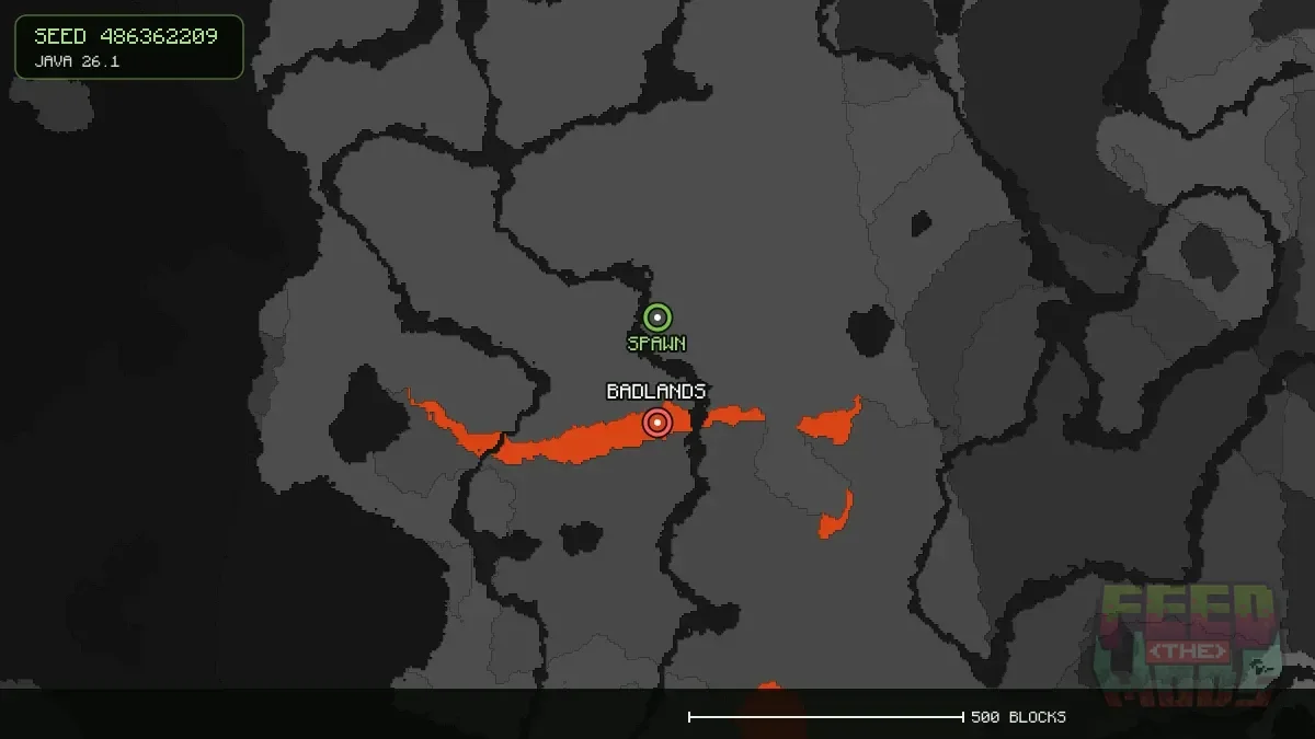 Badlands highlighted, 192 blocks from spawn