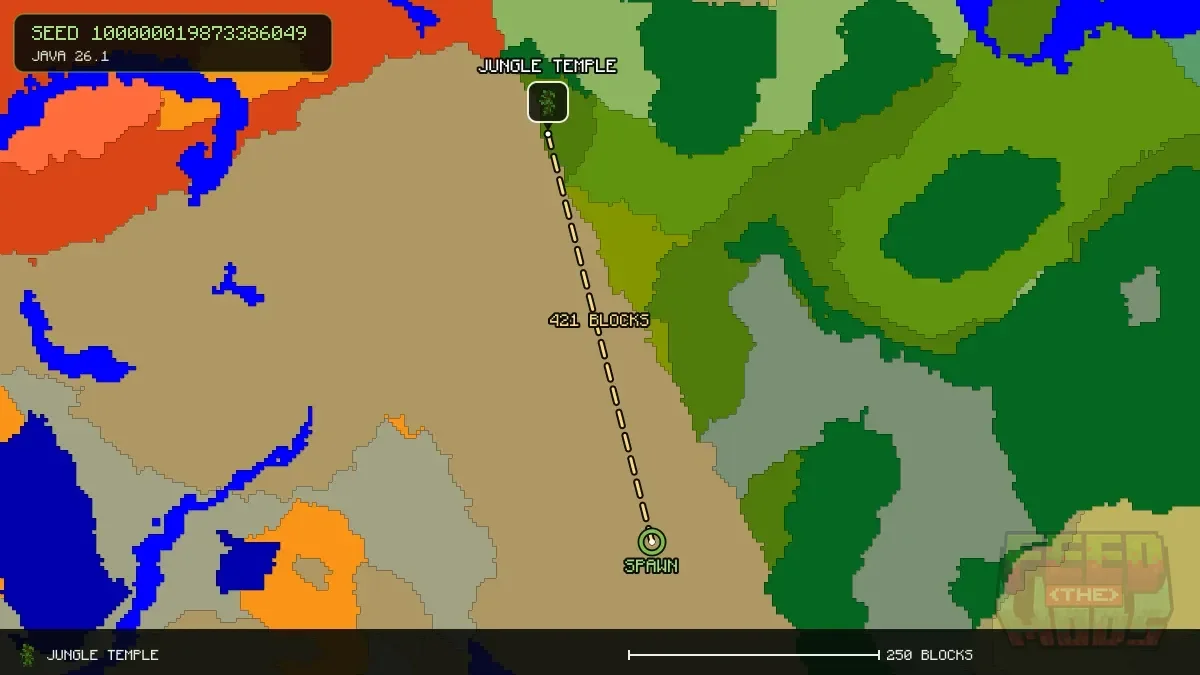 Route from spawn to the jungle temple at -192, -448 (421 blocks)