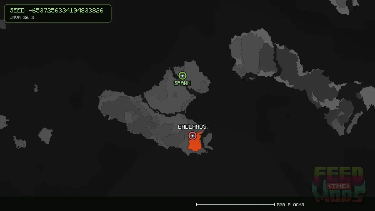 Badlands highlighted, 389 blocks from spawn