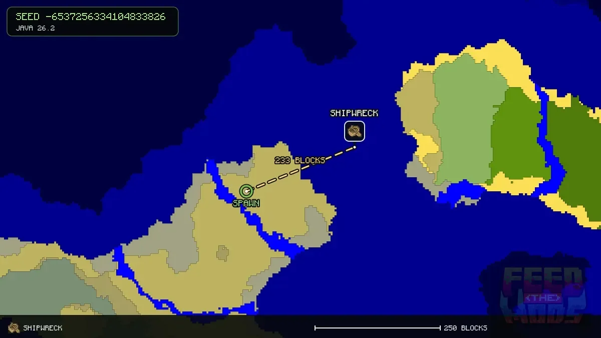 Route from spawn to the shipwreck at 672, -336 (233 blocks)