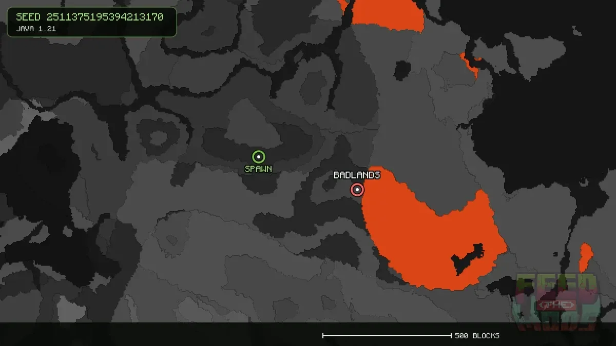 Badlands highlighted, 405 blocks from spawn