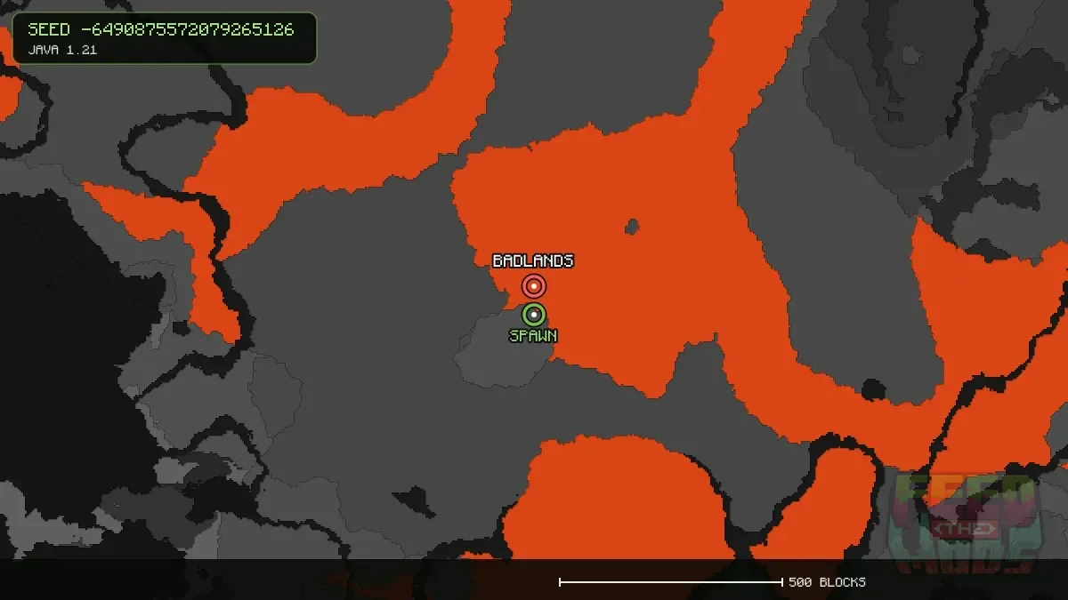 Badlands highlighted, 64 blocks from spawn