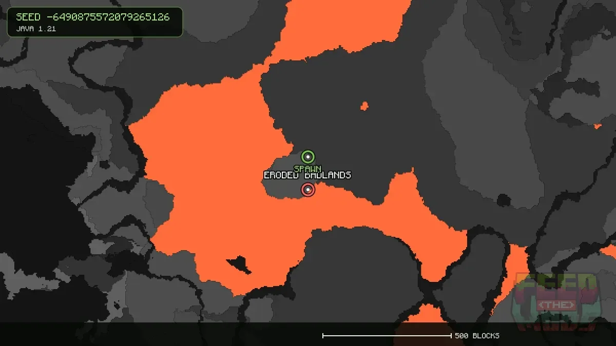 Eroded Badlands highlighted, 128 blocks from spawn