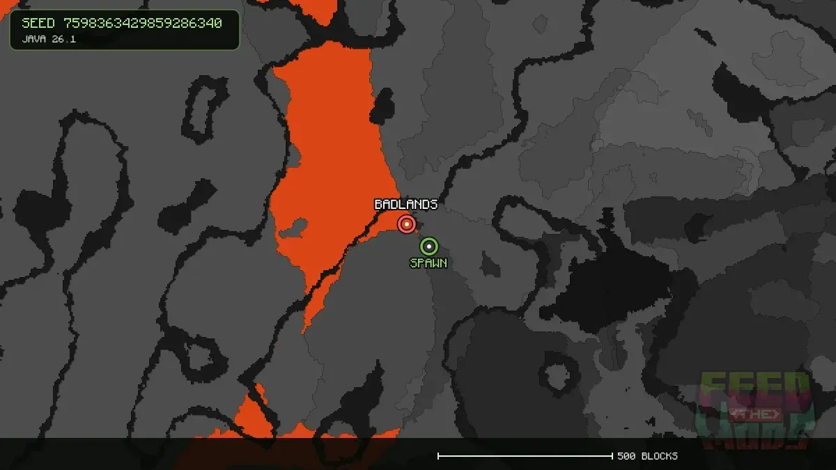 Badlands highlighted, 91 blocks from spawn