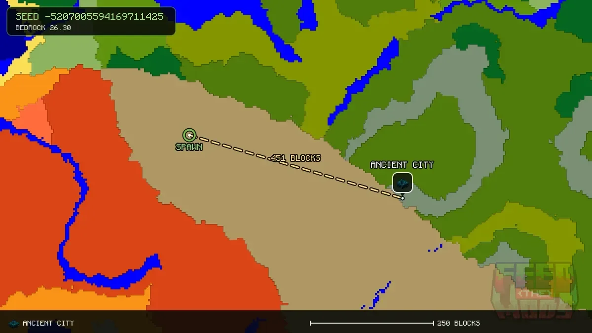 Route from spawn to the ancient city at 440, 136 (451 blocks)