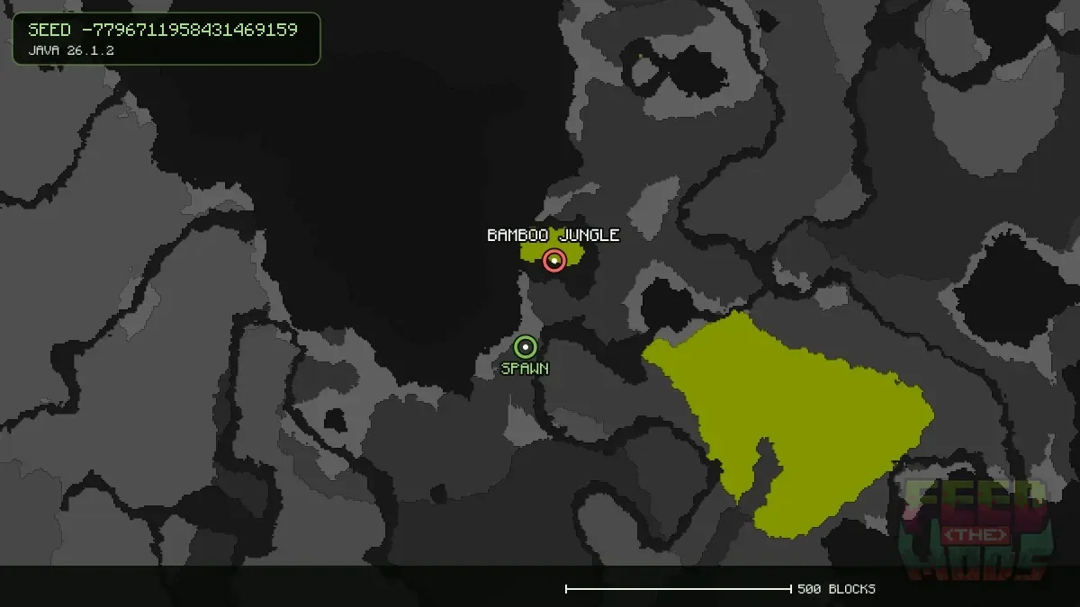 Bamboo Jungle highlighted, 202 blocks from spawn