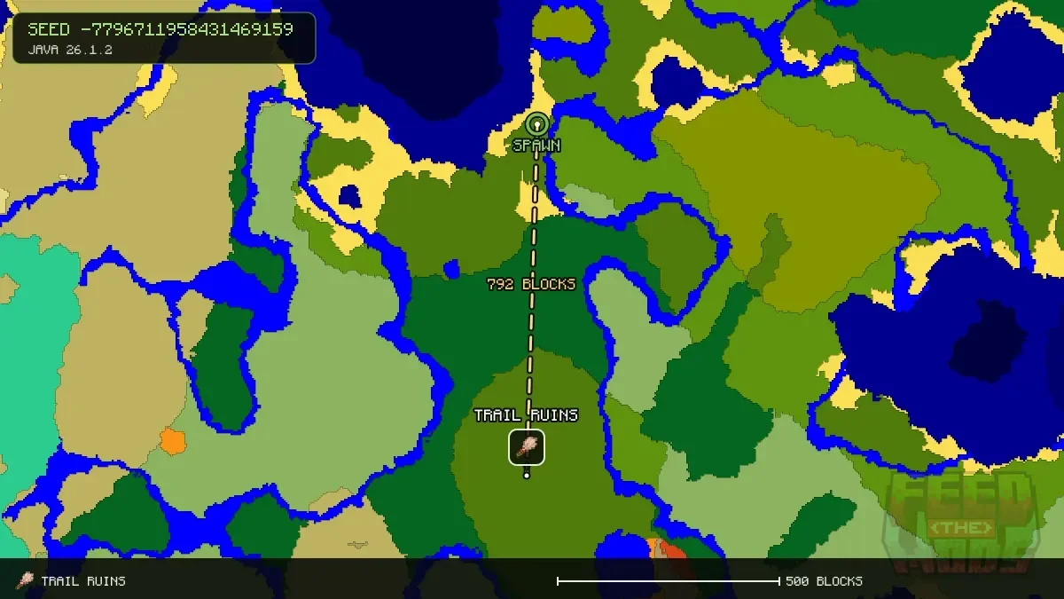 Route from spawn to the trail ruins at 96, 1168 (792 blocks)