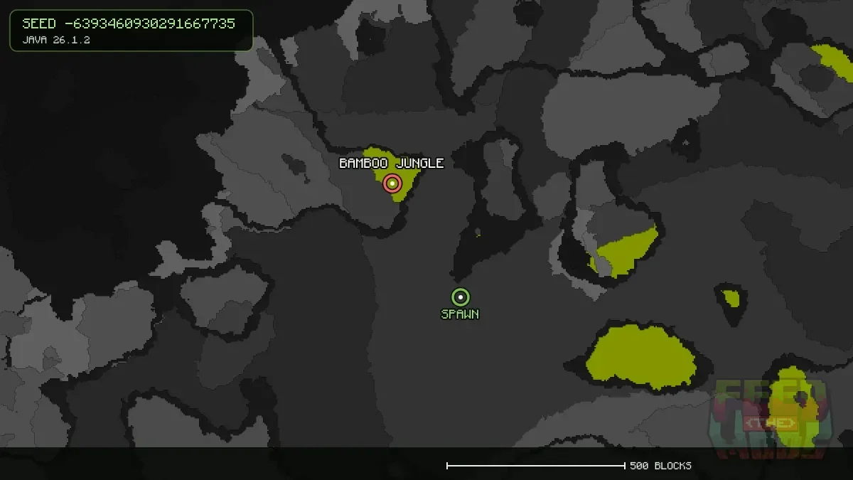 Bamboo Jungle highlighted, 373 blocks from spawn