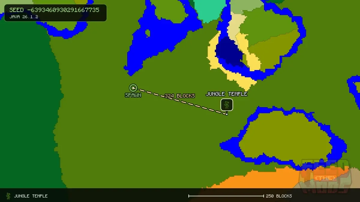 Route from spawn to the jungle temple at 320, 112 (324 blocks)