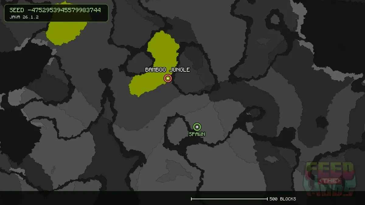 Bamboo Jungle highlighted, 373 blocks from spawn