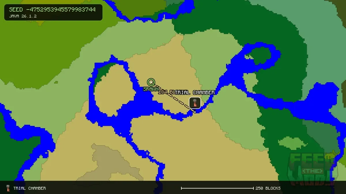 Route from spawn to the trial chamber at 176, 64 (184 blocks)