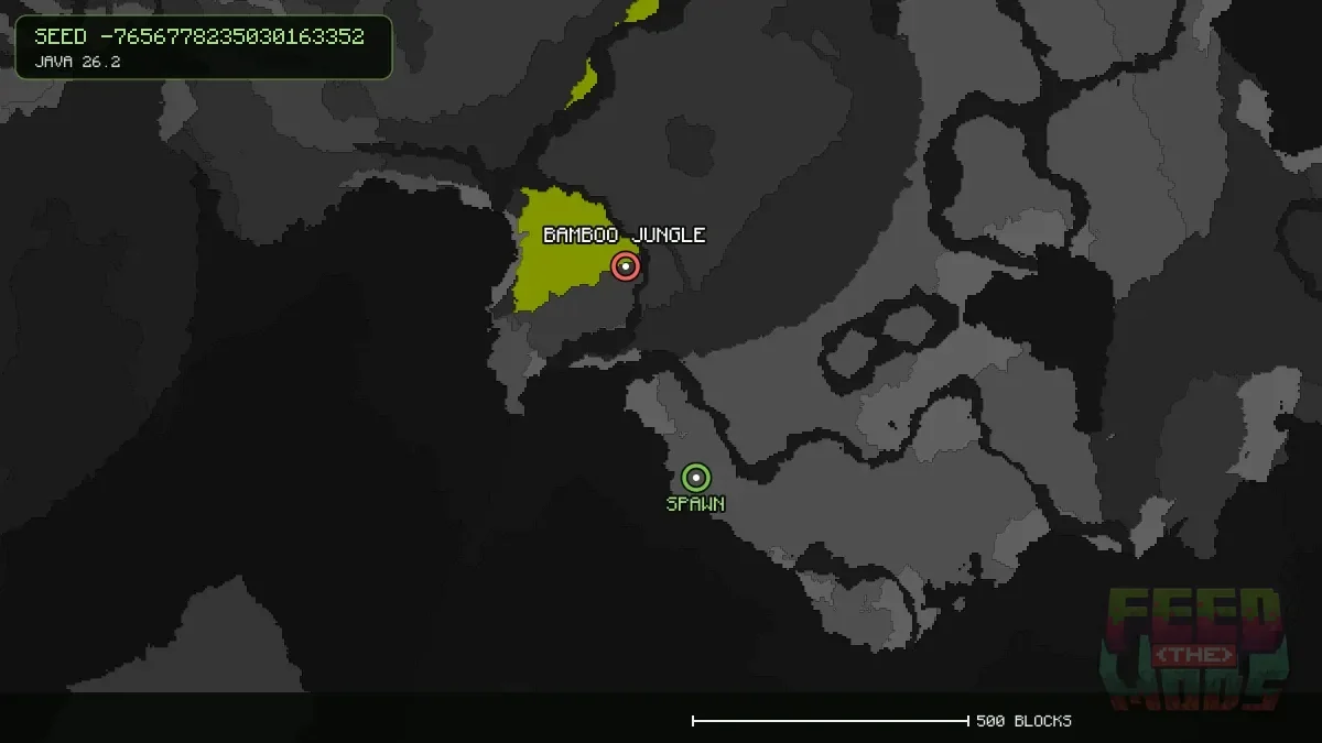 Bamboo Jungle highlighted, 405 blocks from spawn