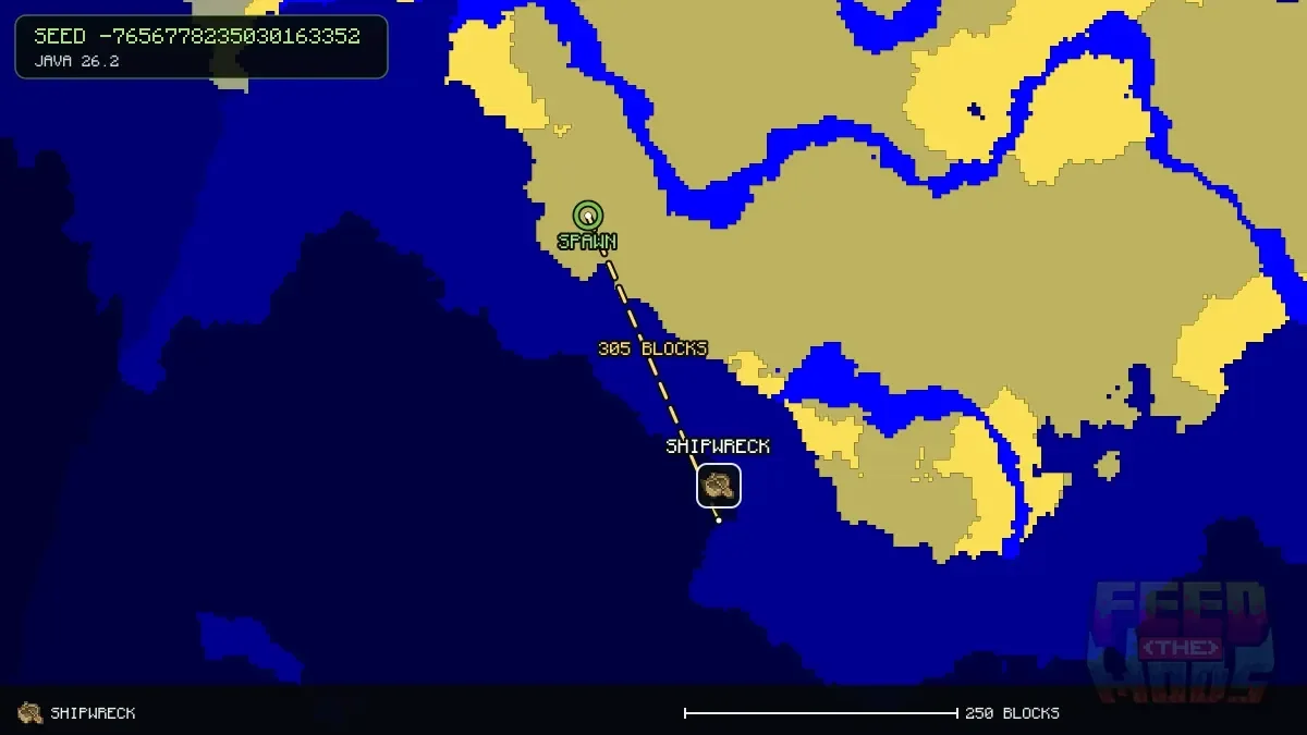 Route from spawn to the shipwreck at 432, 144 (305 blocks)