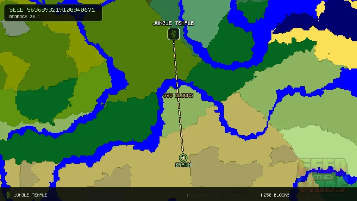 Route from spawn to the jungle temple at 24, -344 (385 blocks)