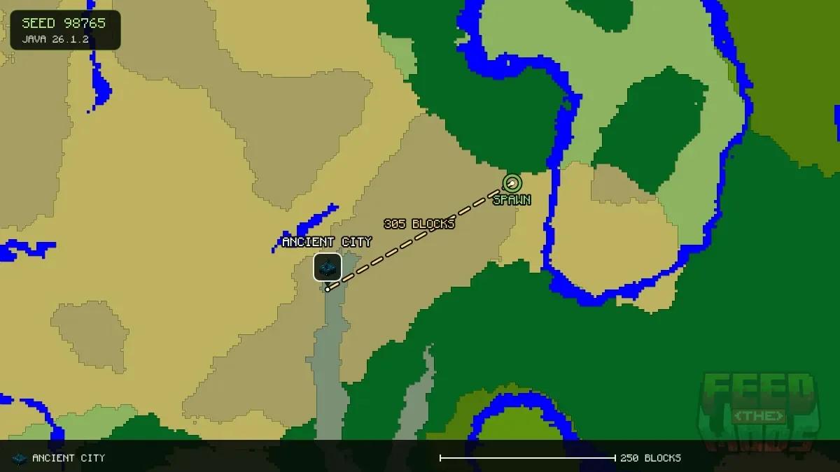 Route from spawn to the ancient city at -256, 160 (305 blocks)
