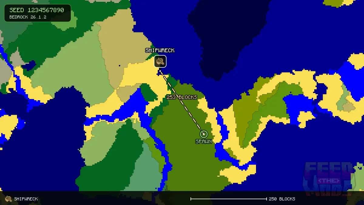 Route from spawn to the shipwreck at -136, -200 (253 blocks)