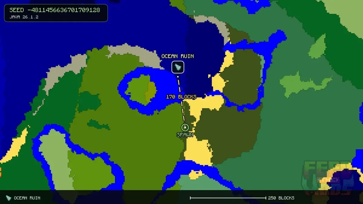 Route from spawn to the ocean ruin at 0, -160 (170 blocks)