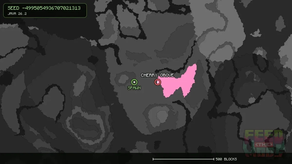 Cherry Grove highlighted, 192 blocks from spawn