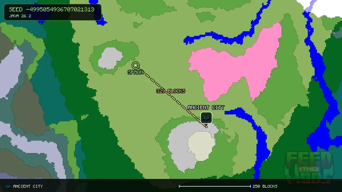 Route from spawn to the ancient city at 208, 192 (329 blocks)