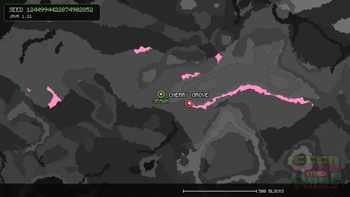 Cherry Grove highlighted, 202 blocks from spawn