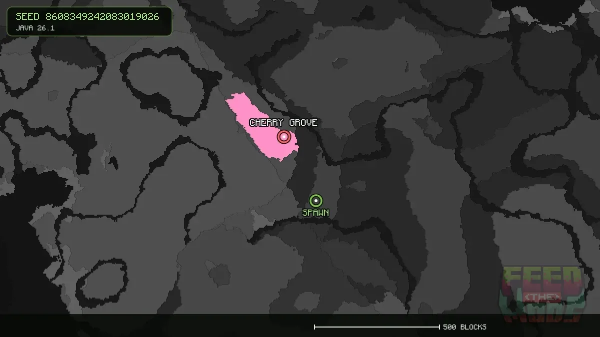 Cherry Grove highlighted, 286 blocks from spawn