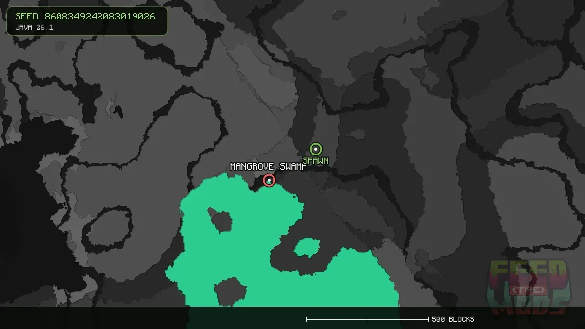 Mangrove Swamp highlighted, 231 blocks from spawn