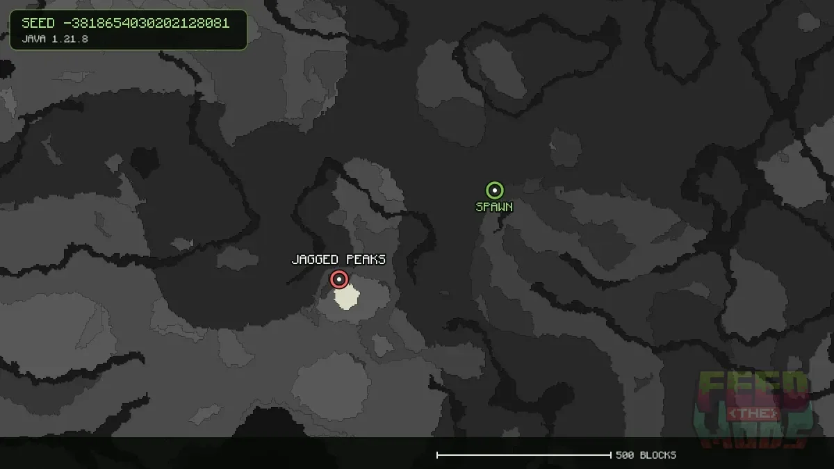 Jagged Peaks highlighted, 516 blocks from spawn