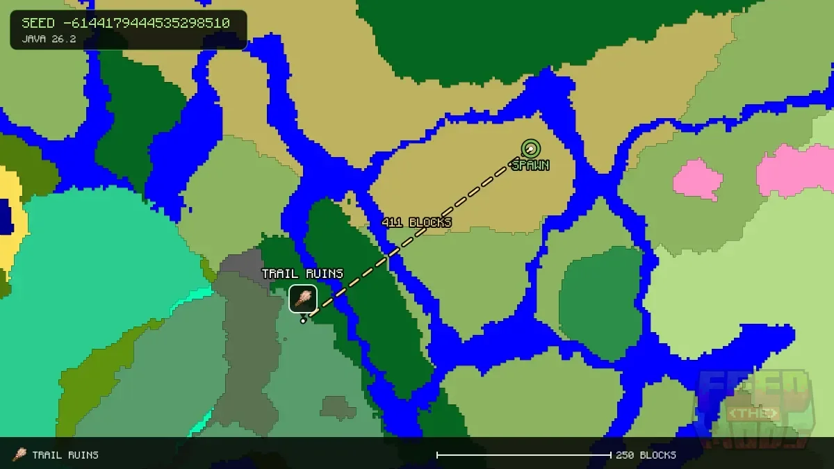 Route from spawn to the trail ruins at -352, 256 (411 blocks)