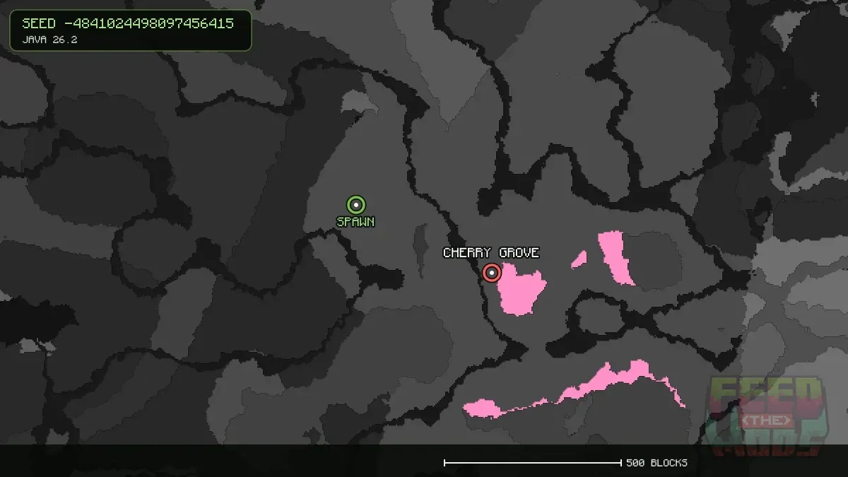 Cherry Grove highlighted, 429 blocks from spawn