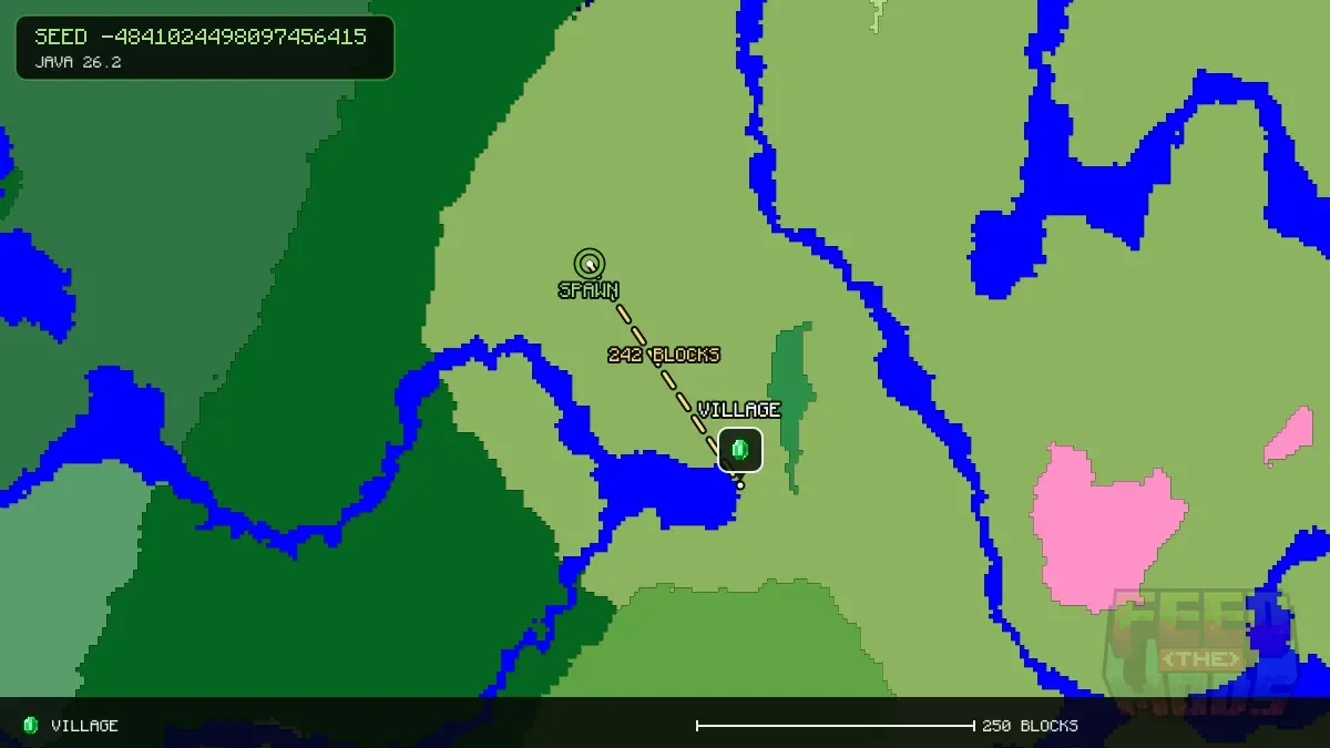 Route from spawn to the village at 144, 208 (242 blocks)