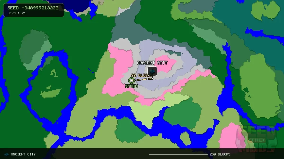 Route from spawn to the ancient city at 96, 0 (88 blocks)