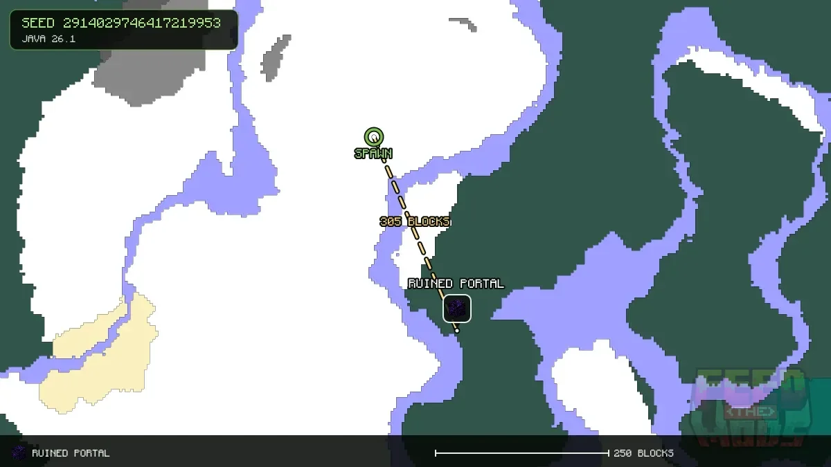 Route from spawn to the ruined portal at 128, 288 (305 blocks)