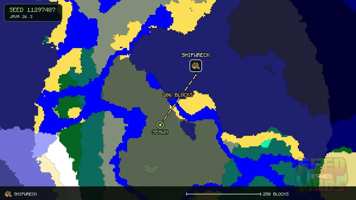 Route from spawn to the shipwreck at 144, -128 (206 blocks)