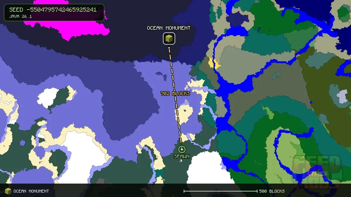 Route from spawn to the ocean monument at 32, -640 (702 blocks)
