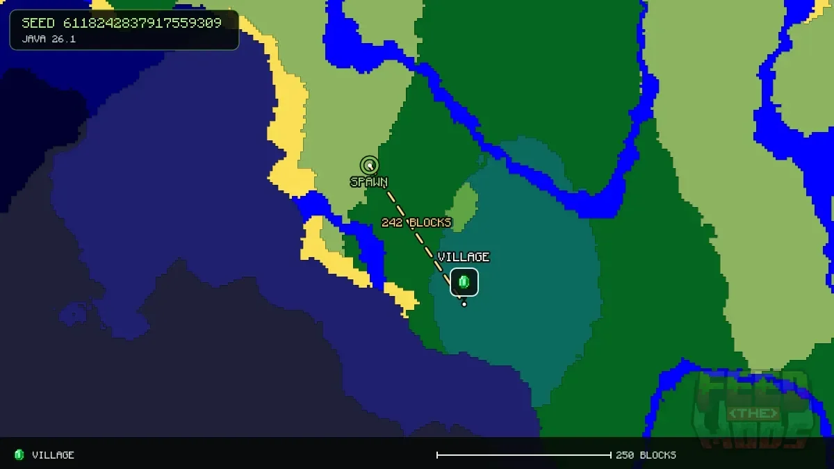 Route from spawn to the village at 144, 208 (242 blocks)
