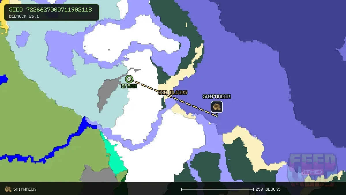 Route from spawn to the shipwreck at 312, 136 (330 blocks)