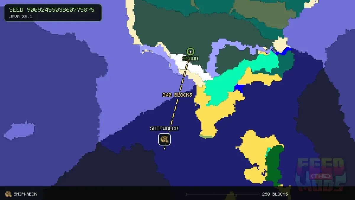 Route from spawn to the shipwreck at -80, 272 (340 blocks)