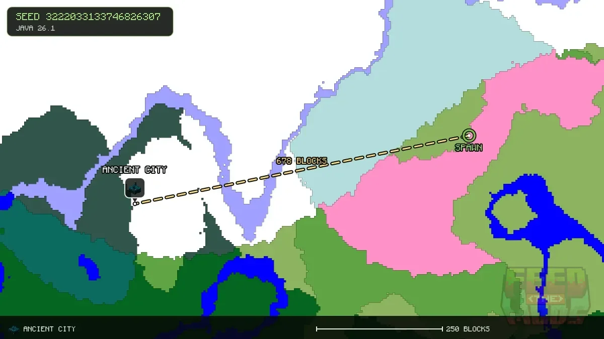 Route from spawn to the ancient city at -608, 176 (678 blocks)