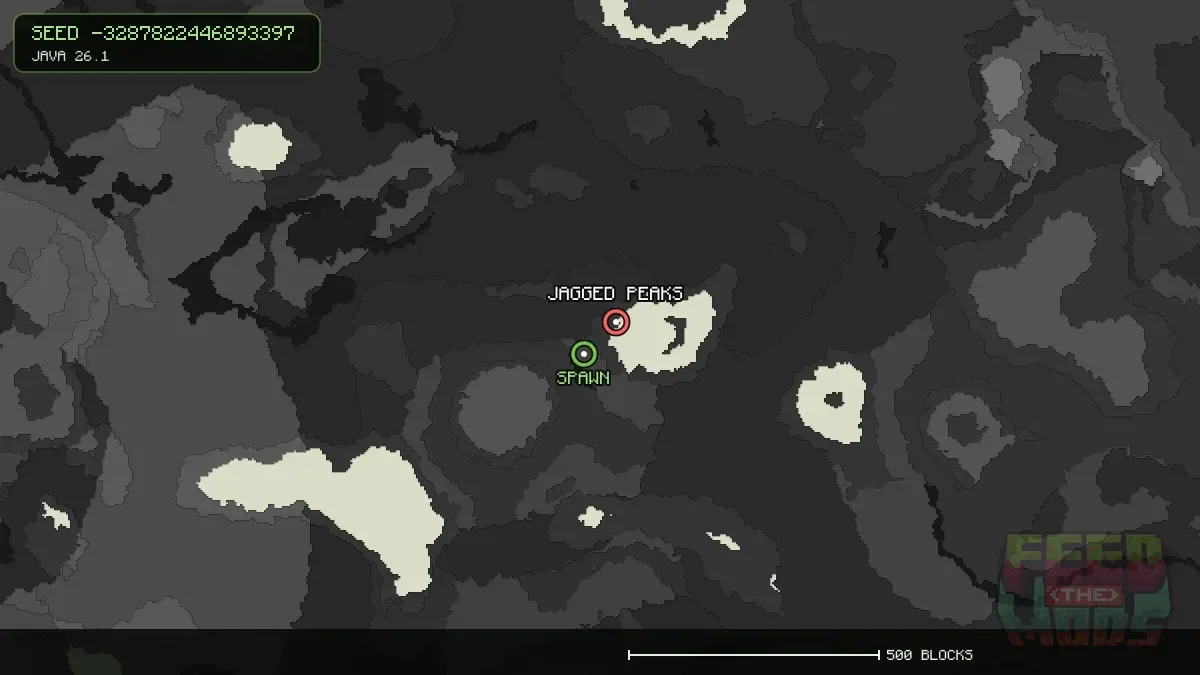 Jagged Peaks highlighted, 91 blocks from spawn