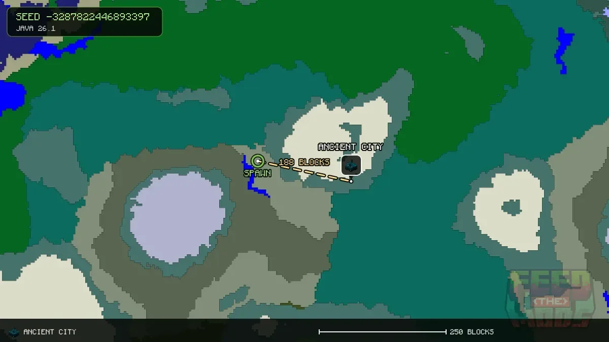 Route from spawn to the ancient city at 208, 48 (188 blocks)