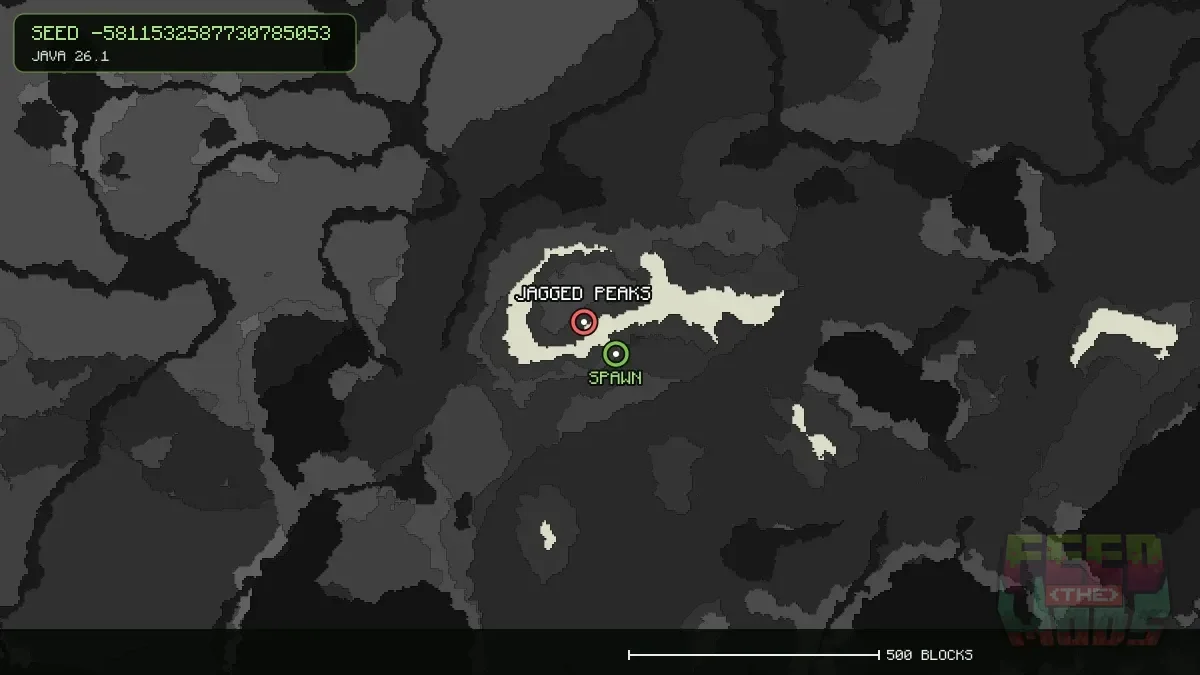 Jagged Peaks highlighted, 91 blocks from spawn