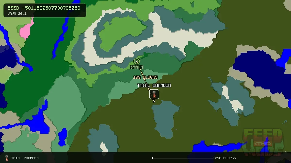Route from spawn to the trial chamber at 80, 176 (183 blocks)