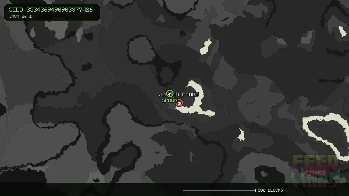 Jagged Peaks highlighted, 91 blocks from spawn