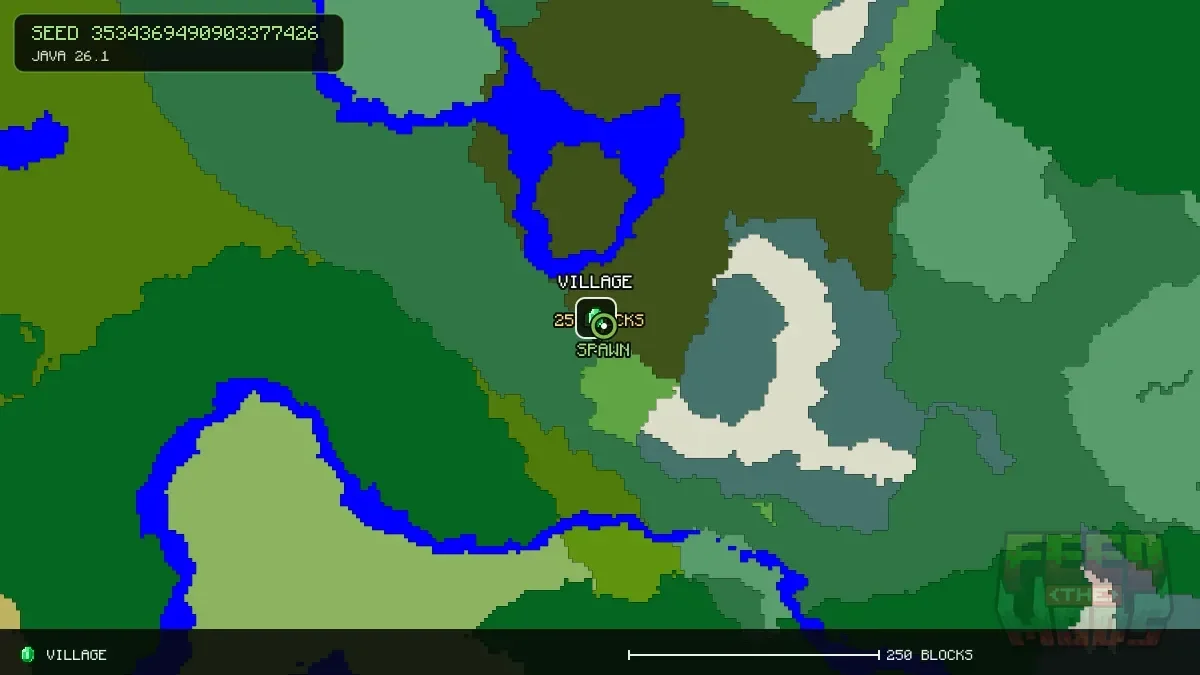 Route from spawn to the village at 0, 32 (25 blocks)